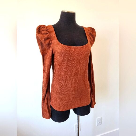 Burnt Orange Copper Puffed Long Sleeve Knit Top Ribbed Square Neck Twee Small - Picture 1 of 8